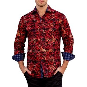 Bespoke Mens Red Black Floral Damask Burnout Velvet Button Down Shirt Small